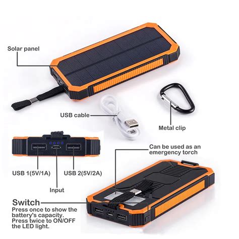 Dual USB mobile phone solar alternative battery 20000mAh waterproof power supply with LED lights ...