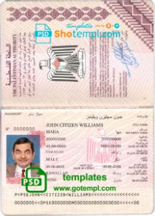 Palestine passport template in PSD format, fully editable, with all fonts