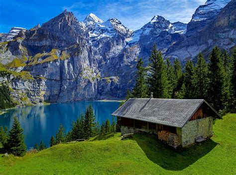 Swiss scenery, rocks, hut, view, grass, bonito, cabin, sky, switzerland, lake, HD wallpaper | Peakpx