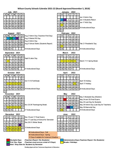 Wilson County Schools Calendar 2021-2022 in PDF