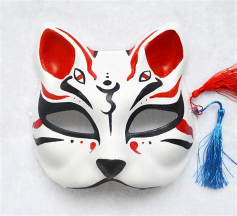 Half Face Hand Painted Japanese Style Fox Mask Kitsune Cosplay Masquerade 4 Eyes for Party ...