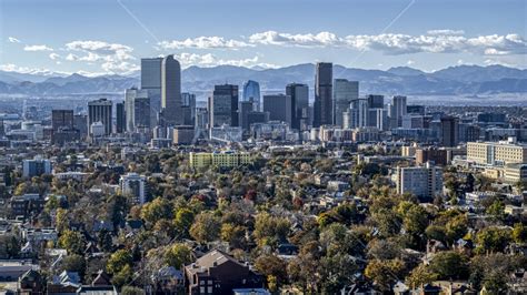 The city's skyline with mountains in the background, Downtown Denver, Colorado Aerial Stock ...