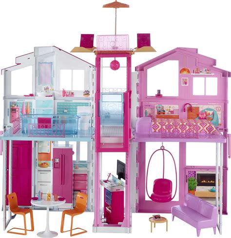 Barbie 3-Story Townhouse Dollhouse with Elevator, Swing Chair, Furniture and Accessories, Fold ...