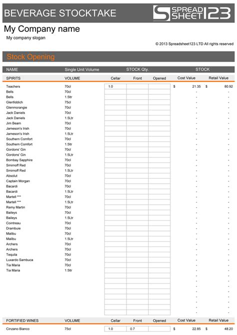 Beverage Stocktake Template for Excel