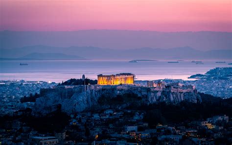 Download wallpaper 3840x2400 architecture, sunset, sea, acropolis ...