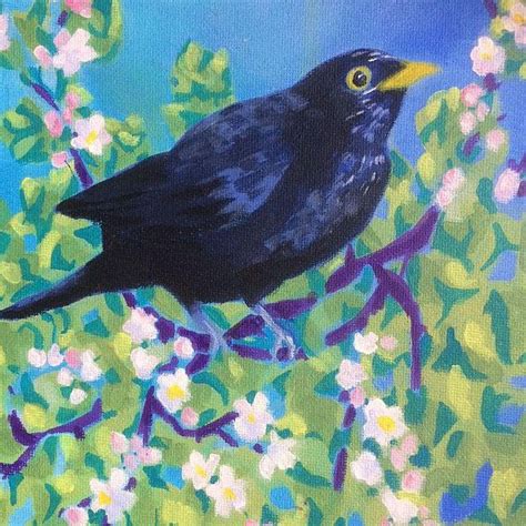 Blackbird with apple blossom Original art - acrylic painting - artprimitif - 20 x 20cm - spring ...