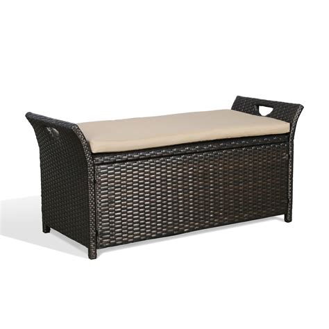 Ulax Furniture Patio Wicker Storage Box, Outdoor Rattan Storage Bench Deck Bin with Cushion ...