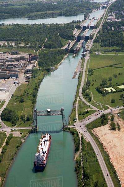 Welland Canal With A Ship, Bridge And Locks; Thorold, Ontario, Canada ...