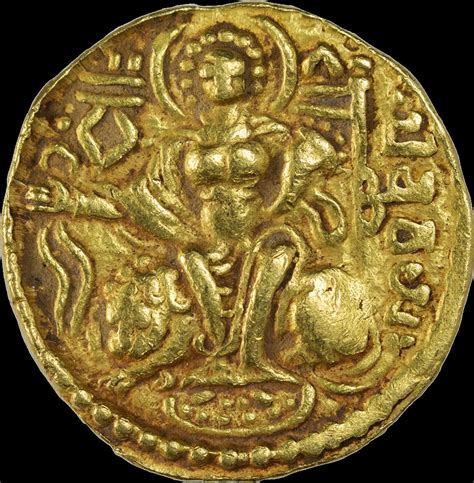 Very Rare Gold Dinar Coin of Samudragupta of Gupta Dynasty of King, Queen and Lion to Left Type.