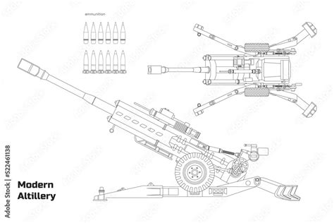 Outline modern artillery. Isolated cannon blueprint. Top, side view of military weapon ...