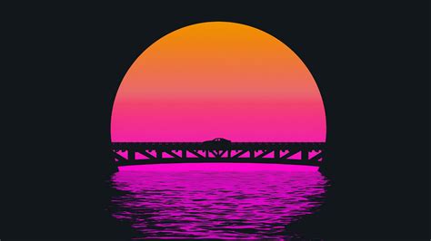 Wallpaper : artwork, digital art, bridge, Sun, water, car, synthwave 2560x1441 - WallpaperManiac ...