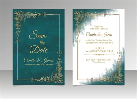 watercolor wedding invitation with golden gradient, floral border with ...