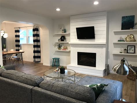 Living Room | White | Open Concept | Shiplap | Fireplace | Floating Shelves | Striped Curtains ...