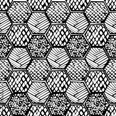 Abstract pattern of honeycomb with different texture inside. Seamless graphic hand drawing ...