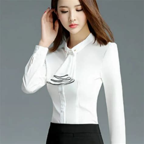 2016 Autumn long puff sleeve ruffle shirts women work wear lady office ruffles blouses women ...