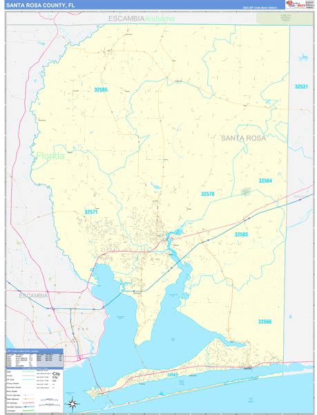 Santa Rosa County, FL Zip Code Wall Map Basic Style by MarketMAPS - MapSales