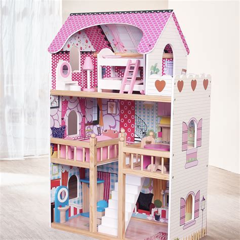 Modern Wooden Kids Dolls House Large Dolls House +17PCS Furniture Doll House | eBay