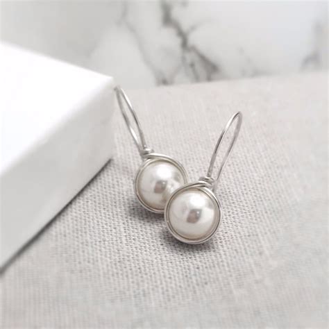 Pearl Drop Earrings Sterling Silver | Wire Wrapped Pearl Earrings UK