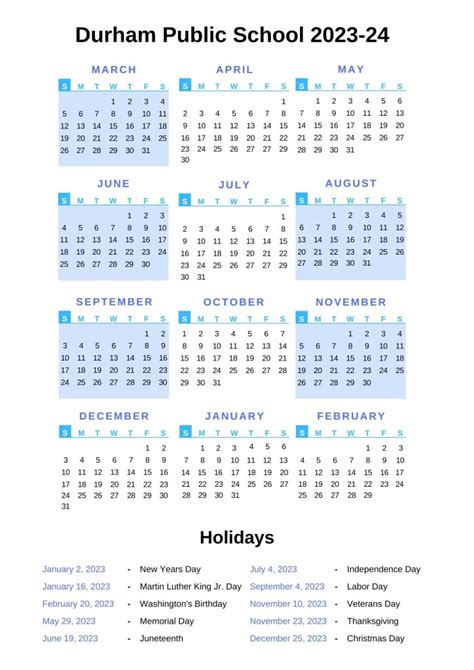 Durham Public Schools Calendar with Holidays 2023-2024