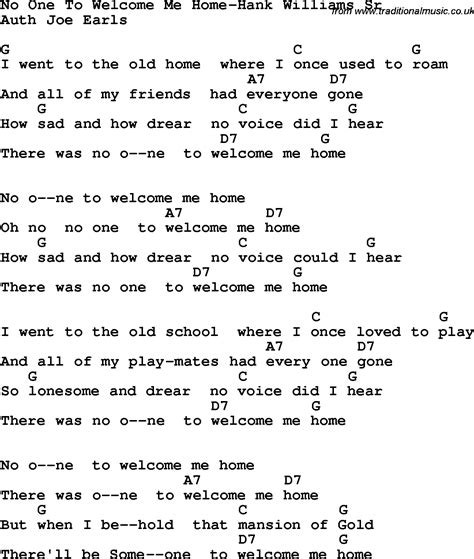 Country, Southern and Bluegrass Gospel Song No One To Welcome Me Home-Hank Williams Sr Lyrics ...