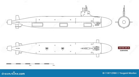 Blueprint of Submarine. Military Ship. Top, Front and Side View. Battleship Model. Industrial ...