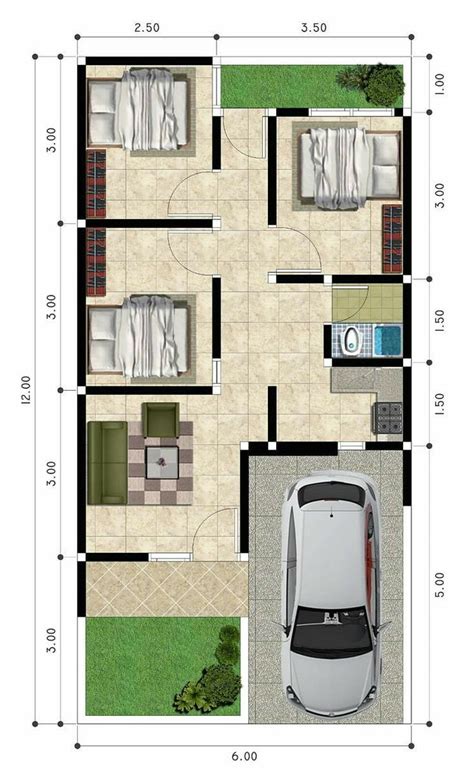 Small House Floor Plan with 2 Beds and Parking Space