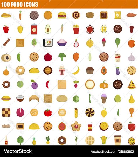 100 food icon set flat style Royalty Free Vector Image