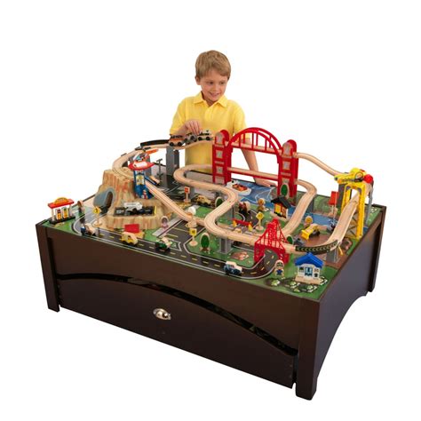 KidKraft Metropolis Wooden Train Set & Table with 100 Pieces and Storage Drawer, Espresso ...