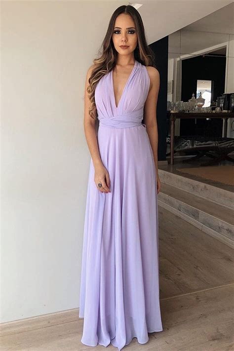 A Line V Neck Floor Length Lilac Chiffon Long Prom Dress, Lilac ...