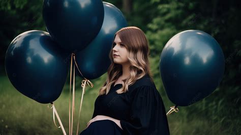 Pregnant Woman Standing In A Forest With 4 Black Balls Background, Pregnant Graduation Picture ...