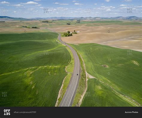 Beautiful aerial view of scenery with rolling hills and road, Pullman ...