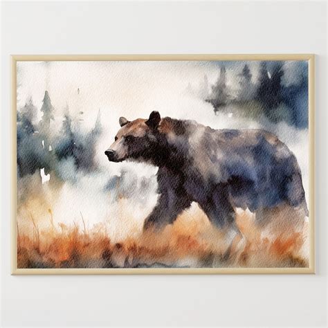 Grizzly Bear Watercolor Painting Wild Animal Art Print Yellowstone National Park Poster Woodland ...