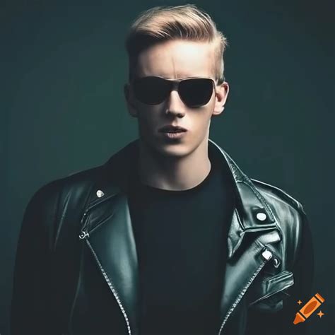 Stylish blond man in sunglasses and leather jacket on Craiyon