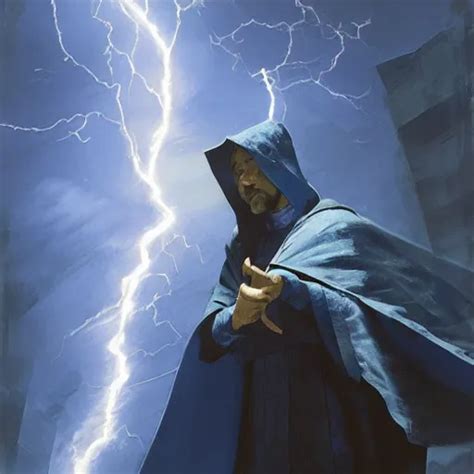 A wizard summoning a lightning bolt, wearing deep blue | Stable Diffusion