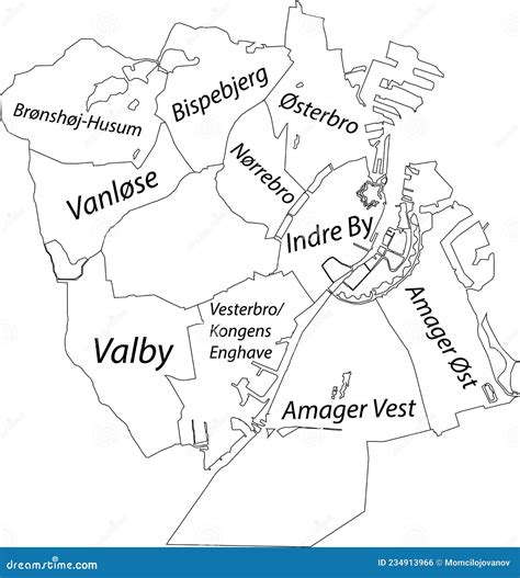 White Tagged Districts Map of Copenhagen Municipality, Denmark Stock ...