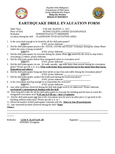 Earthquake Drill Evaluation Form | PDF | Safety