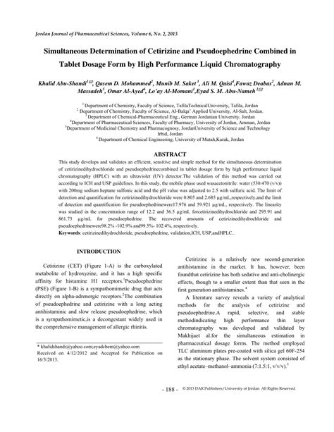 (PDF) Simultaneous Determination of Cetirizine and Pseudoephedrine Combined Tablet Dosage Form ...