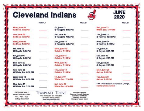 Printable 2020 Cleveland Indians Schedule