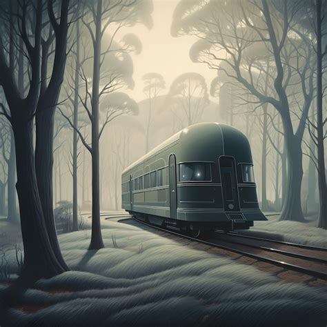 Premium Photo | A painting of a train in a forest with snow on the ground.