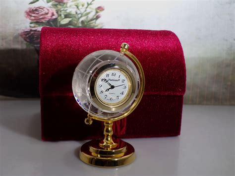 PLATINUM Etched Crystal Desktop Globe Clock, Miniature Quartz Clock with Dark Red Treasure Chest ...