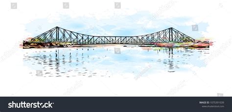 Howrah Bridge of Kolkata, City in West Bengal. Watercolour splash with ...