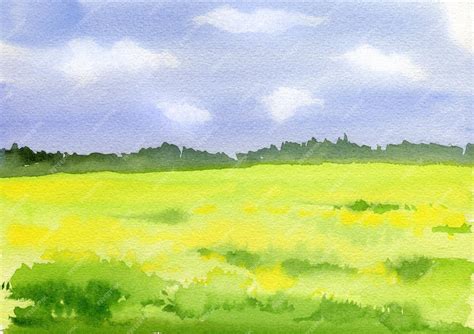 Premium Photo | Watercolor landscape summer field blue sky with clouds handdrawn sketch illustration