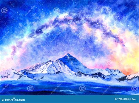 Watercolor Painting - Mount Everest with Milky Way Stock Illustration ...