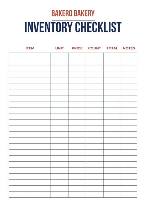 Free Simple Bakero Bakery Inventory Checklist template