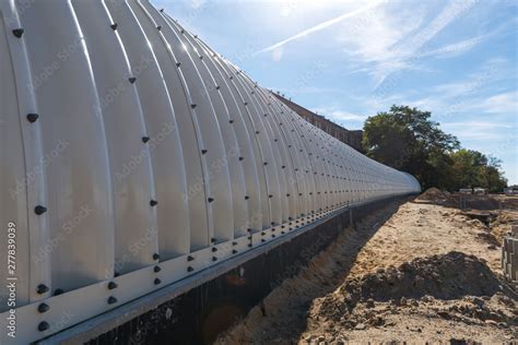 Close up details of metal tunnel at construction site of railway tunnel ...