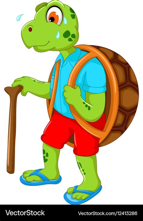 Cute turtle cartoon walking with stick Royalty Free Vector