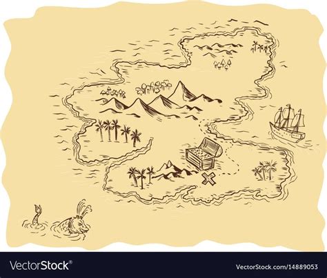 Drawing sketch style illustration of a pirate treasure map showing a ...