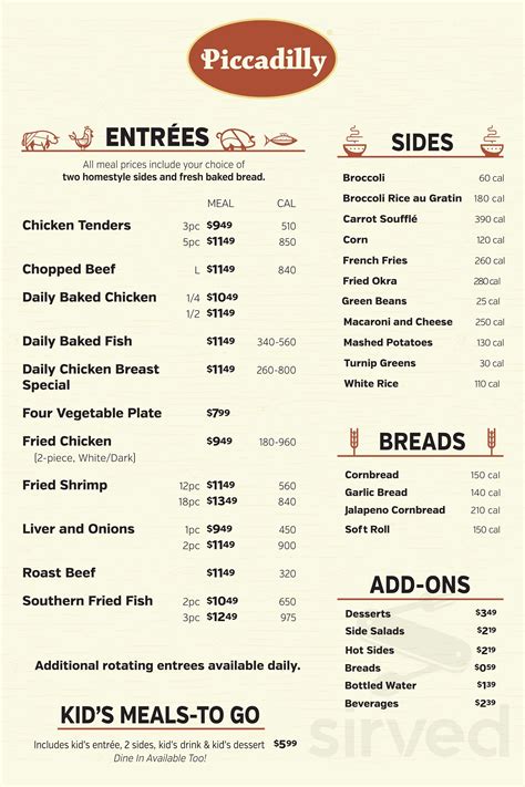 Piccadilly Cafeteria menu in Tampa, Florida, USA