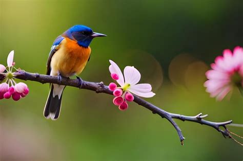 Premium Photo | A colorful bird with a blue head and tail feathers on ...