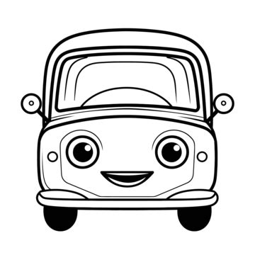 Cute Cartoon Car With Eyes And Smiling Face Outline Sketch Drawing Vector, Car Drawing, Cartoon ...